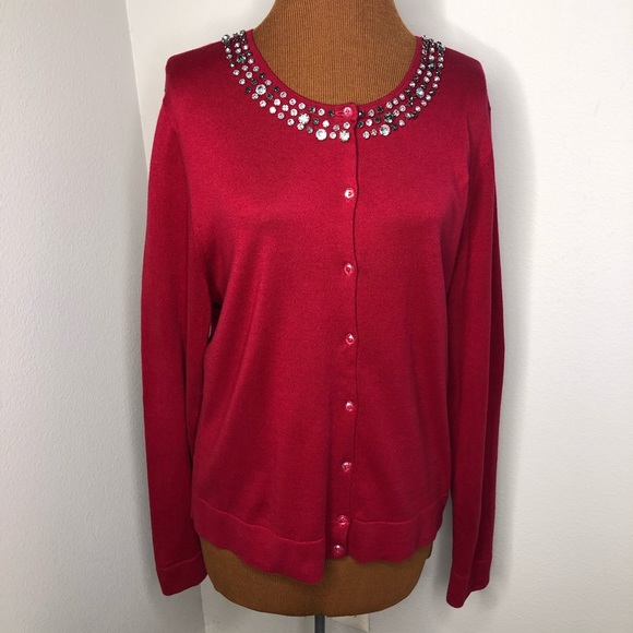 Ann Taylor Sweaters - Ann Taylor Red Jeweled Neck Cardigan